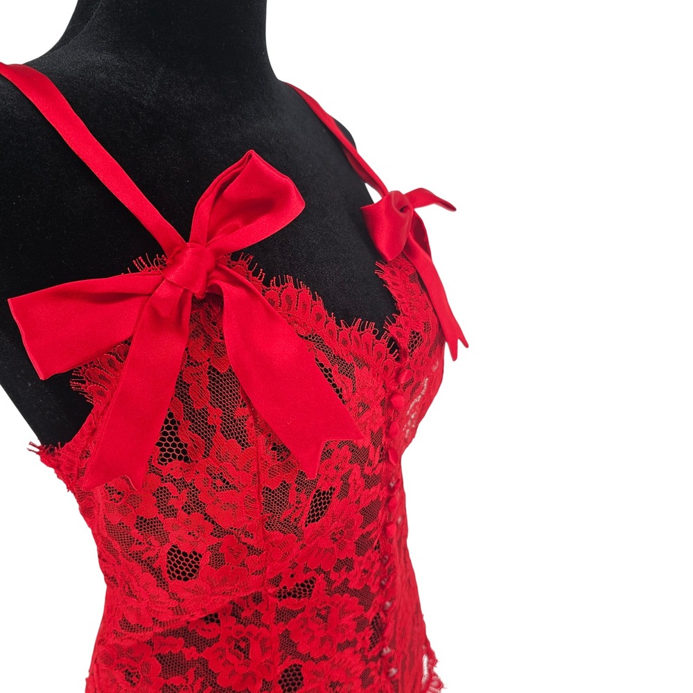 Vintage Victoria's Secret Women's M Red Lace Teddy Button Front Bow Lingerie - Picture 2 of 9
